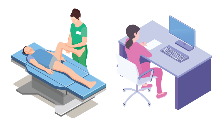 An isometric image of a physio teherapist and a patient, and the same physiotherapist studying