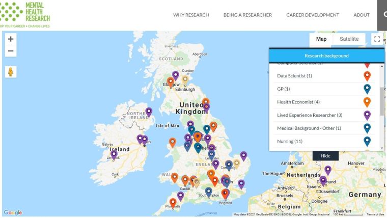 A screen capture of the new interactive map of the NIHR Incubator for Mental Health research