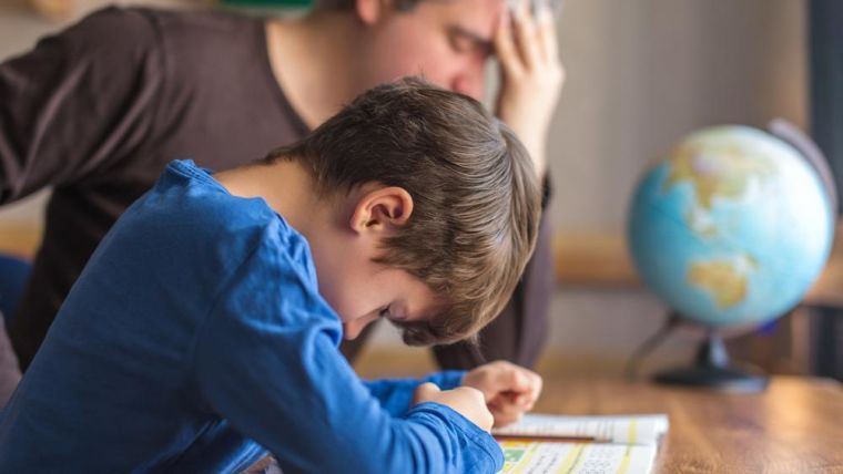 A picture of a man and his child both looking stressed with homeschooling.